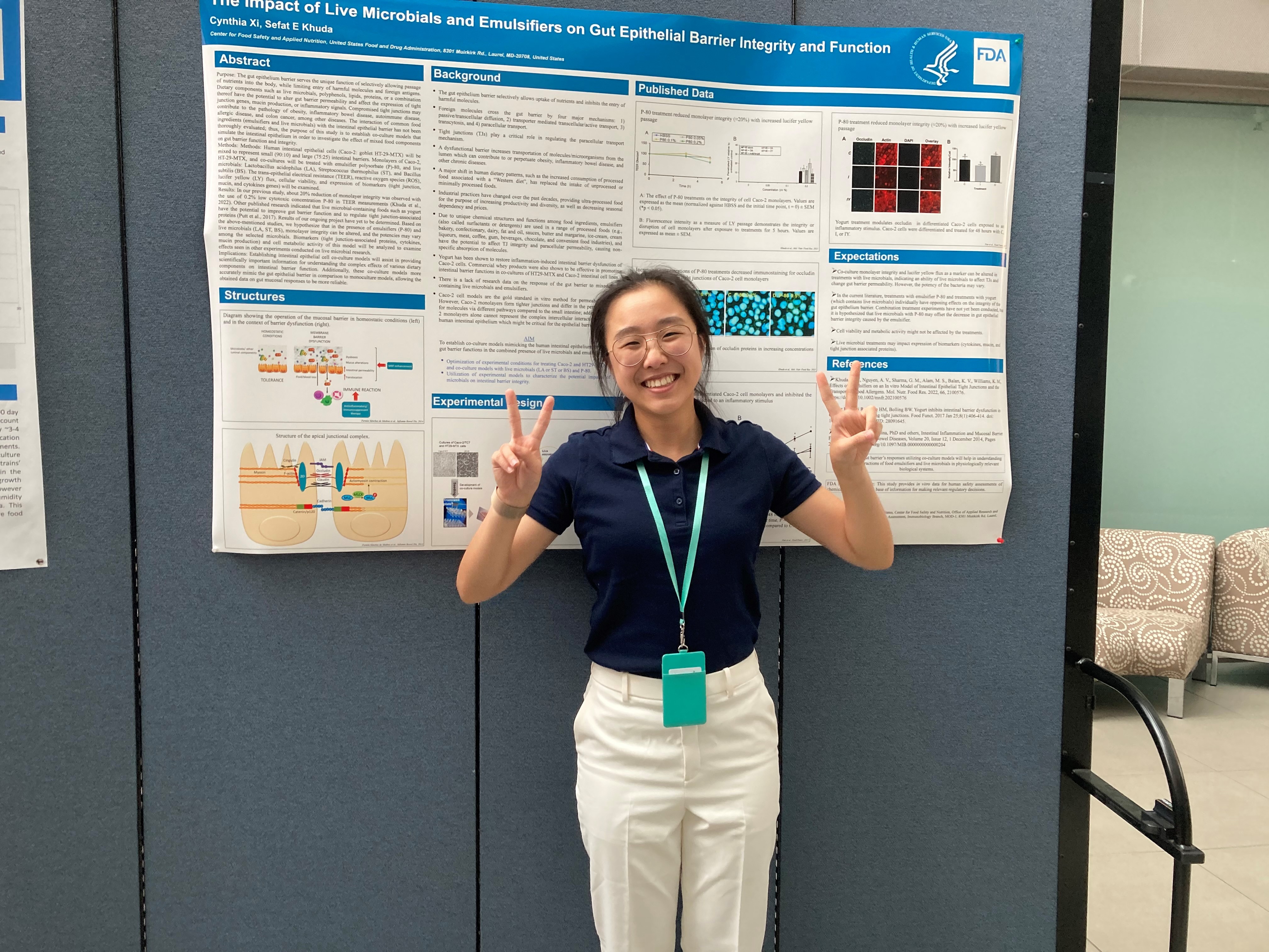 Cynthia Xi with her poster: The Impact of Live Microbials and Emulsifiers on Gut Epithelial Barrier Integrity and Function.